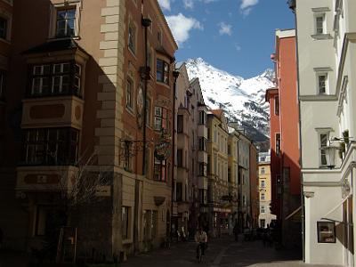 Wednesday 2009-04-01 &nbsp;&nbsp;&nbsp;  Old Town  Innsbruck Austria   Looking up the street from where we're sitiing having coffee.