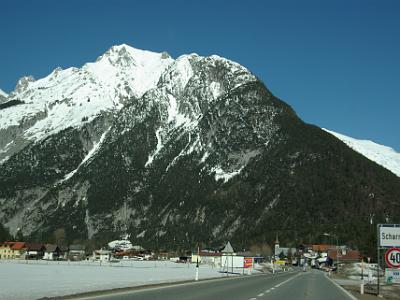 Wednesday 2009-04-01  &nbsp;&nbsp;&nbsp;  Hwy 107 heading north in Austria   Scharnitz was the intermediate point that Jenni programmed into Hermione.  From here we cross back into Germany and head for Mittenwald where we'd been with Claus just two days ago.  These mountains are the source of the Isar River.