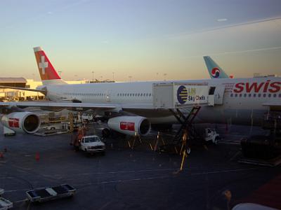 Monday 2009-03-23&nbsp;&nbsp; Los Angeles International (LAX)  The Swiss part of our adventure begins at LAX.  The plane is an Airbus A340 with four engines. It has a 2-4-2 seating arrangement and is too short of  overhead space for my liking.