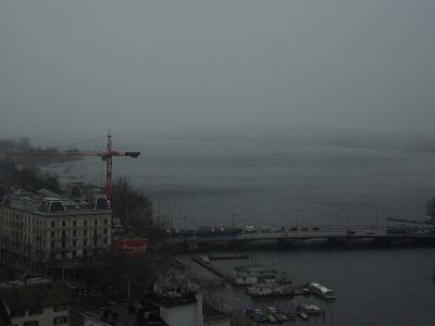 Wednesday 2009-03-25 &nbsp;&nbsp;Zurich Switzerland  Looking south, the weather has turned unbelievably bad. The snow capped peaks of the Alps that we could see earlier, have disappeared in the sleet.