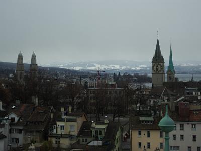 Wednesday 2009-03-25 &nbsp;&nbsp;Zurich Switzerland  The weather has cleared slightly since we climbed the Grossmünster's tower, but it is still bitterly cold. From here, we can see all three of Zürich's historic churches and Lindenhof in the centre.