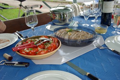 Sunday 13 June, 2010  Freddie and Marguerite prepared all of this food in the boat's kitchen. The quality of French produce is top class; look at those tomatoes.