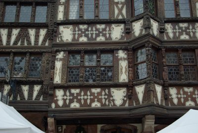 Sunday 13 June, 2010  The Taverne Katz in Grand'Rue dates from 1605. It was built for Henri Katz who was the chief tax collector. The ornate carvings around the windows seem to be more heraldic than religious and  I don't remember ever seeing a building as richly decorated as this one. Some bare breasts are visible - shock horror.