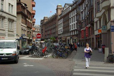 Monday 14 June, 2010  The interesting building on the far right corner is Galeries Lafayette, an upmaarket department store.  This part of the city has all of the major designer-label brands located in a small, wealthy, area. : 2010-06-14 Strasbourg