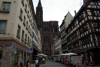 Monday 14 June, 2010  Our first glimpse of the      Strasbourg Cathedral     is from Place Gutenberg. The Cathedral was built from 1190-1439 and is dedicated to the Virgin Mary (as are many other French Gothic cathedrals). : 2010-06-14 Strasbourg