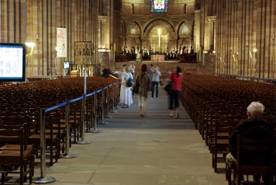 Monday 14 June, 2010  Strasbourg Cathedral's pulpit is visible at the left front. In many Christian churches, there are two speakers' stands at the front of the church. Typically, the one on the left (as viewed by the congregation) is called the pulpit. Since the Gospel lesson is often read from the pulpit, the pulpit side of the church is sometimes called the gospel side. : 2010-06-14 Strasbourg