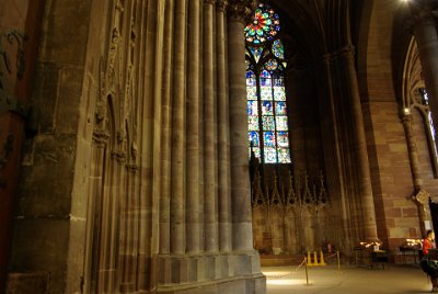 Monday 14 June, 2010   During World War II, the stained glass windows were removed and stored in a salt mine near Heilbronn, Germany. After the war, the windows were returned to the cathedral by the Monuments, Fine Arts and Archives section of the United States military. : 2010-06-14 Strasbourg