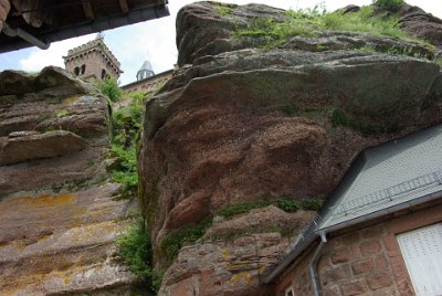 Wednesday 16  June, 2010  The rock has withstood 60 million years of weathering which makes it a fairly safe place on which to build a chapel. My guess is that the quartz (or quartzite) in the sandstone resists weathering and this is why the rest of the land has worn away leaving the Rocher du Dabo standing on its own. : 2010-06-16 Rocher of Dabo