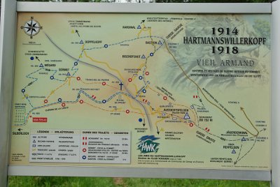 Tuesday 15  June, 2010  The remaining fortifications are only a quarter of those existing in 1918. This map shows the locations of the trenches and other monuments, and the four different  colour-coded routes to follow. : 2010-06-15 voges