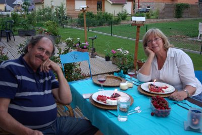 Monday 5 July, 2010 - Evening &nbsp;  Dessert and wine followed the main course: fresh cherries, raspberry slice and berry pie accompanied by ice cream. : 2010-07-05 Black Forest