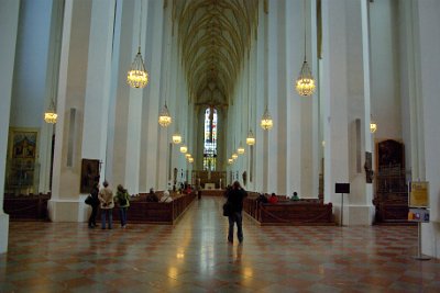 Monday 21  June, 2010  The Frauenkirche was originally designed as a late-gothic church with a long central nave. At the end of the 17th century the interior was decorated with elaborate baroque elements.  In the 19th century, after the church was promoted to the status of    cathedral   , all of the baroque elements were removed since gothic was considered as the only pure church style. : 22010-06-21 Munich