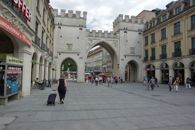 Thursday 24  June, 2010  This is the     Karlstor    at the entrance to  Neuhauser Strasse.   The Karlstor originally had three towers but the tallest, central tower was destroyed in 1857 when gunpowder stored in the tower exploded. The two side towers were renovated in 1861. The plaque on the RH tower says Karls Thor 1791 : 2010-06-24 Munich