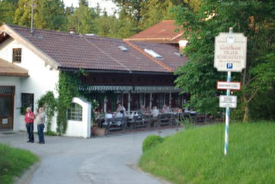 Friday 2 July, 2010  We finished the day at this Bavarian restaurant called Tolzer Scheisstatte.  Jenni  looked up the dictionary to find a verb ‘scheissen’ meaning ‘to shoot’ and this did not make sense. She later found out from Rolf that behind the restaurant is a shooting range and now the restaurant’s name made sense    Next stop: Munich and the Sonnwendfeier : 2010-07-02 Eagles nest