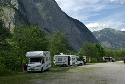 Friday 25  June, 2010  Austria is one of the wealthiest countries on the planet as these campervans show. The scene is very similar to those found in US  National Parks. See the barbecue and the gas bottle? : 2010-06-25 Mittenvald