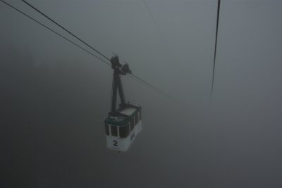 Sunday 20 June, 2010  Halfway up, we pass the other car coming down. We are completely hidden in the clouds. : 2010-06-20 mittenwald