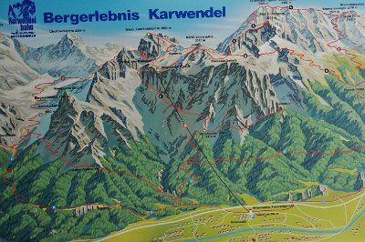 Sunday 20 June, 2010  This graphic at the Bergstation tells us that we are at a height of 2,240 metres or 7,300 feet, about the height of Australia's tallest peak. Karwendlespitze (peak) is 2385 metres. : 2010-06-20 mittenwald