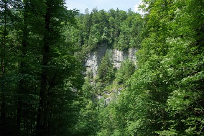 Thursday 1 July, 2010  As we get nearer the top we can see the limestone cliffs through which the gorge was cut. : 2010-07-01 partnach-lindenberg