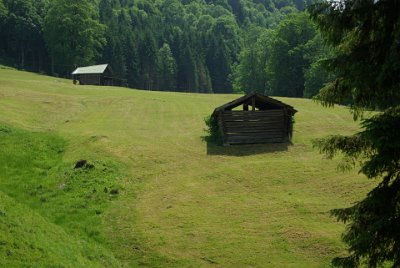 Thursday 1 July, 2010  The area surrounding the gasthof is mowed for hay which is stored in the huts nearby. : 2010-07-01 partnach-lindenberg