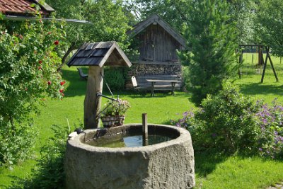 Wednesday 23  June, 2010  In the garden of the Guest House, there is a water feature and in the background is a rustic old woodshed. The grass is lush, flowers are in bloom and the trees have a new mantle of foliage. This compares with . . . : 2006-06-23 Bavarian Alps