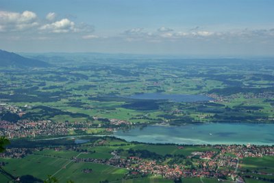 Wdnesday 23  June, 2010  The town of Schwangau is immediately below us and Füssen is on the other side of the river. The Forggensee is fed by melting snow from the Alps via this river. The other lake is the Hopfensee. : 2006-06-23 Bavarian Alps