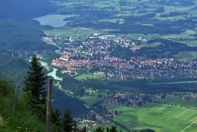 Wednesday 23  June, 2010  This is looking down on the town of Füssen with the former    St. Mang's Abbey     (now the City hall and a Museum)  on the river's edge. St. Mang's Abbey was once a    Benedictine    monastery. : 2006-06-23 Bavarian Alps