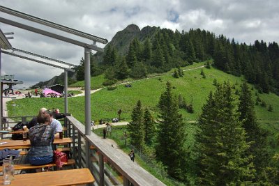 Wednesday 23  June, 2010  This is the Tegelbergbahn cafe. From here we can see the top of Tegelberg Branderschrofen  at a height of 1881 metres. There is a Christian Cross at the very top of the peak. : 2006-06-23 Bavarian Alps