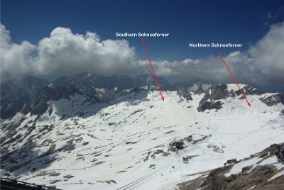 Monday 28  June, 2010  There are two glaciers in the  Zugspitzplatt, the Southern and Northern Schneeferners. Schnee means snow.