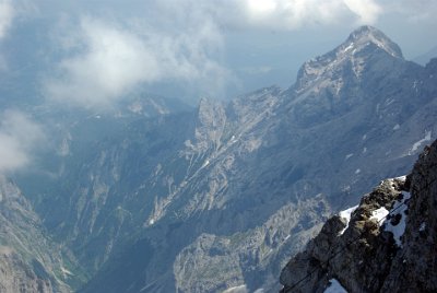 Monday 28  June, 2010  In the lower centre of the picture is a zig-zag walking trail; there are three normal hiking routes to the summit. : 2010-06-28 sugspitze