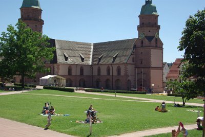 Sunday 4 July, 2010 35th wedding anniversary  The Gothic/Renaissance Evangelical Lutheran (protestant)  Church, with its green tower roofs, is on the south side of the market place. It dates from the beginning of the 17th century and is considered to be Freudenstadt's most significant building. : 2010-07-05 Black Forest