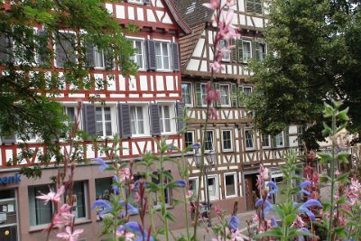 Sunday 4 July, 2010 35th wedding anniversary   According to a dual-language sign in the Marktplatz, the timbers of the buildings here were originally plastered over and only exposed in the early 20th century. : 2010-07-05 JGR BLACK FOREST