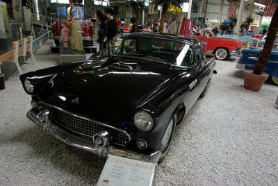 Wednesday 14 July, 2010 1955 Ford Thunderbird    Ford positioned the Thunderbird as a personal luxury car and not a sports car. It sold exceptionally well in its first year outselling the Corvette in 1955 with 16,155 Thunderbirds sold against 700 Corvettes. The museum's placard advises that the car's fuel consumption is 25 litres/100 km. : 2010-07-13 Claus