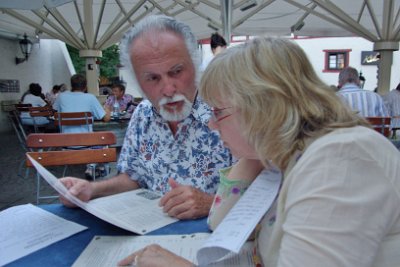 Wednesday 14 July, 2010 &nbsp;  Claus guides Jenni through the menu. I never have such problems in Germany, I just ask for the English menu. We have the privilege of staying at Claus' home this night.    Next is the Urwelt-Museum Huff : 2010-07-13 Claus