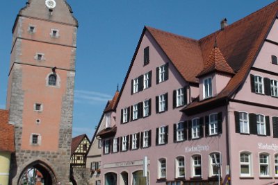 Wednesday 14 July, 2010 &nbsp;  The Wörnitz Gate is the oldest of the four city gates. The tower was added to in the 14th century during the enlargement of Dinkelsbühl's fortifications. The  renaissance gable and its bell tower date from the 16th century. : 2010-07-14 JGR CLAUS