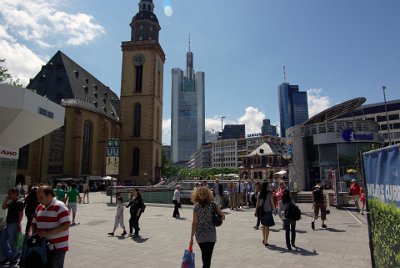 Saturday 12  June, 2010  At the end of the Zeil is St. Catherine's Church and the Hauptwache which was formerly used as a prison. An entrance to Frankfurt's subway system is in the centre front. : 2010-06-13 Frankfurt