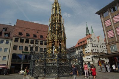 Monday 12 July, 2010 &nbsp;  The original Schönen Brunnen (beautiful fountain) was built from 1385-96 and this is a replica. Much of the original survives in the  Nürnberg museum. There are forty painted figurines spread over four levels of the structure. From below: philosophy and the seven liberal arts, the four evangelists and four fathers of the church, the seven selectors and nine heroes, Moses and the seven prophets. : 2010-07-12 Nurnberg