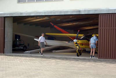 Tuesday 13 July, 2010 &nbsp;  Wolfram and Claus push the two aircraft out of the hangar. : 2010-07-13 Neurnberg