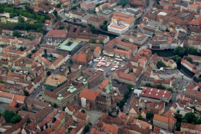 Tuesday 13 July, 2010 &nbsp;  The Altstadt of Nürnberg. Below us is the   St. Sebaldus Church with the old city hall behind it . Marktplaza is in the lower centre with Frauenkirche church on the left (eastern side) while the  Fleischbrücke (Meat bridge) over the Pegnitz River is up from there. : 2010-07-13 Neurnberg