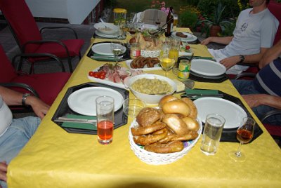 Sunday 11 July, 2010 &nbsp;  Gisela had made dinner for the seven of us in the Franconian style. It was an array of sausages, meats, breads plus garden and potato salads supplemented with wines, Schnapps and mineral water : 2010-07-11 nurnberg