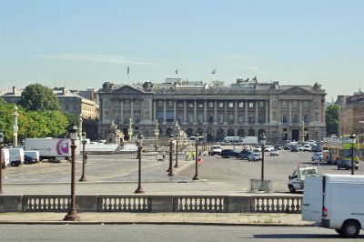 Thursday 8 July, 2010 &nbsp;  At the eastern end of the Champs Elysees we turn right into    Place de la Concorde   . The Place de la Concorde (Harmony Square) is one of the major public squares in Paris and at 86,400 square metres, the largest. The imposing building behind is the    Hotel de Crillon  .  It served as the headquarters of the occupying German army during World War II. : 2010-07-08 Paris1