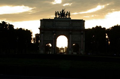 Thursday 8 July, 2010 &nbsp;  The Arc de Triomphe du Carrousel is at the eastern end of the Axe historique, a nine kilometre long linear route. Looking west, the arch is perfectly aligned with the obelisk in the Place de la Concorde (visible here), the centerline of the Champs-Élysées and the Arc de Triomphe (also visible).  When the Tuileries was burned down in 1871, the view was opened from the Place du Carrousel and the Louvre. : 2010-07-08 Paris1