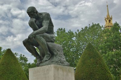 Friday 9 July, 2010 &nbsp;   The Thinker  is a 1902 bronze and marble sculpture by Auguste Rodin and this is the first cast of many. It depicts a man in sober meditation battling with a powerful internal struggle and the statue is often used to represent philosophy. : 2010-07-09 Paris2