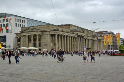 Friday 18,  June, 2010  This is the Königsbau in    Schlossplatz    commissioned in 1856-1860 by King Wilhelm I.  During WWII, the Königsbau was badly damaged and was rebuilt in 1958/59. From 1991 to 2002 it housed the Stuttgart Stock Exchange and it is now part of a huge shopping centre. : 2010-06-18 stuttgart