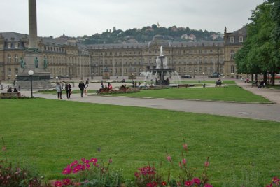 Friday 18,  June, 2010  The Neuschloss (new palace) on Schlossplatz was built between 1746 and 1807. In front of the schloss are the statues of a Stag and a Lion. The water feature is the southern  Schlossplatz fountain. : 2010-06-18 stuttgart