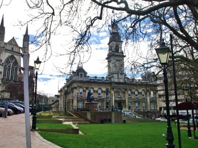 Day 2 - 40th Anniversary trip to NZ  St Paul's Cathedral and the Dunedin Town Hall, the seat of the Dunedin City Council.