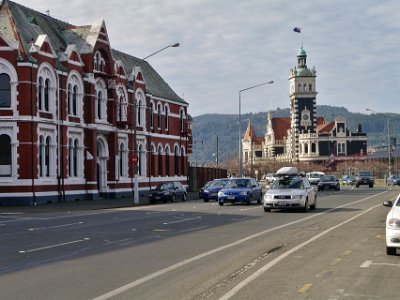 Day 2 - 40th Anniversary trip to NZ  Dunedin's nickname is Edinburgh of the South. Edinburgh, Scotland was used for inspiration when designing the layout of the town. That's the Dunedin railway station in the distance.