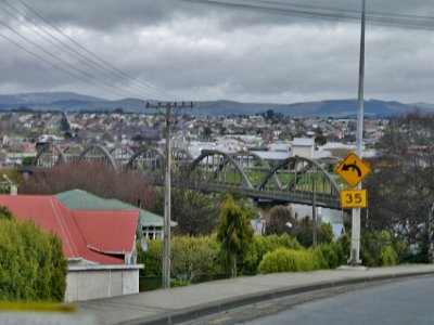 Day 3 - 40th Anniversary trip to NZ  We approach Balclutha's most prominent structure, a concrete road bridge built in 1935 across the Clutha river. The original 1868 wooden bridge was washed away in October 1878 and rebuilt in 1881.