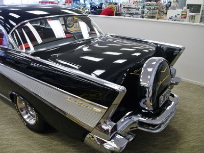 Day 3 - 40th Anniversary trip to NZ  This is a 1957 Chevrolet Bel Air Sport Coupé.  The Bel Air was the top-of-the-line model and the external gold trim was factory standard.  The external spare wheel was not a factory option however.