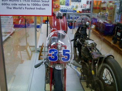 Day 3 - 40th Anniversary trip to NZ  The bike in front of us is the actual 1920 Indian with which Burt Munro set many World Speed records.