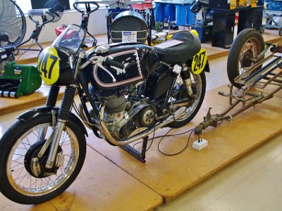 Day 3 - 40th Anniversary trip to NZ  This is a 1953 G45  Matchless 500 cc twin cylinder race bike.  It produces a bit over 40 bhp.  I'm interested in this bike because I had a roadgoing version of the same bike. That innocuous looking trailer once belonged to Burt Munro who used it to transport his bike to and from Oreti Beach.