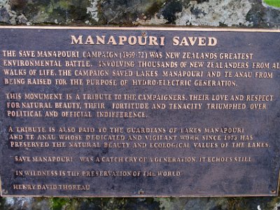 Day 4 - 40th Anniversary trip to NZ  High above the water line at Lake Manapouri is this plaque that commemorates NZ's greatest environmental battle, a plan to flood the lake to generate hydroelectricity.